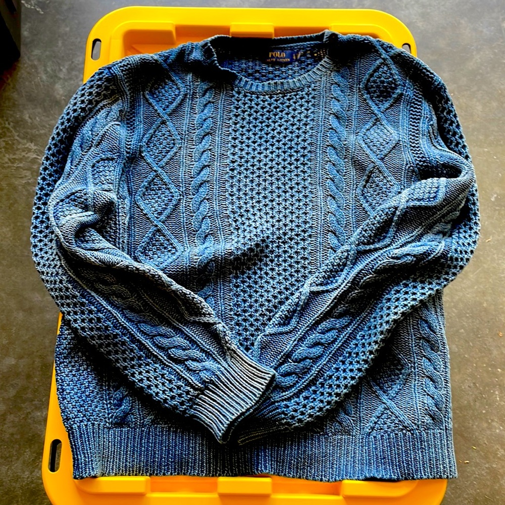Vintage Polo Ralph Lauren indigo dyed, cableknit sweater, large